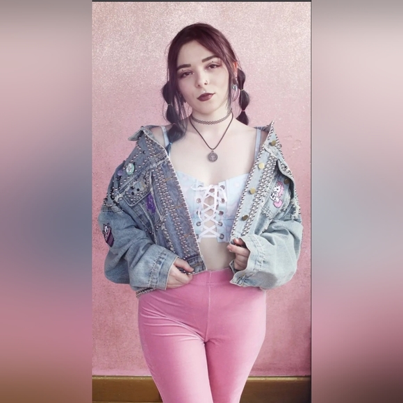 SOLD💝Kawaii pastel goth cropped lt wash ooak jacket! Lots of metal! Sugar Killz - Picture 8 of 14